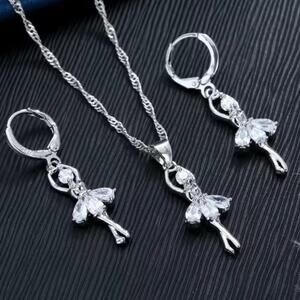 925 Silver Ballerina Necklace Earrings Set Dancer Valentine's Birthday Gift NEW